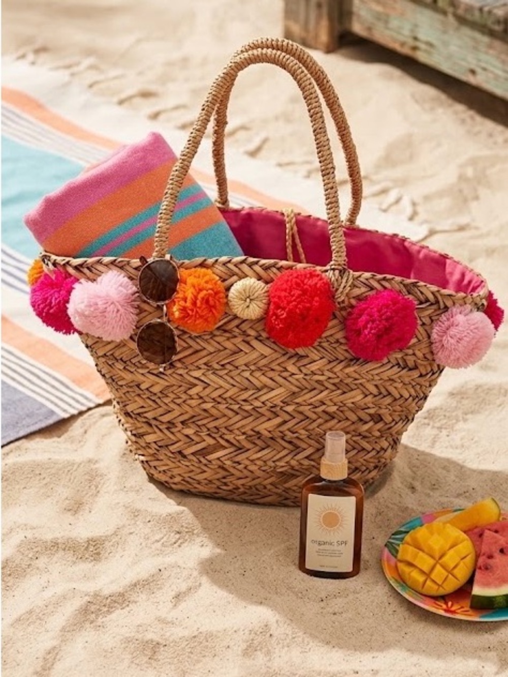 Cynthia Rowley Straw Tote with Pink Lining & Multicolor Pom-Poms